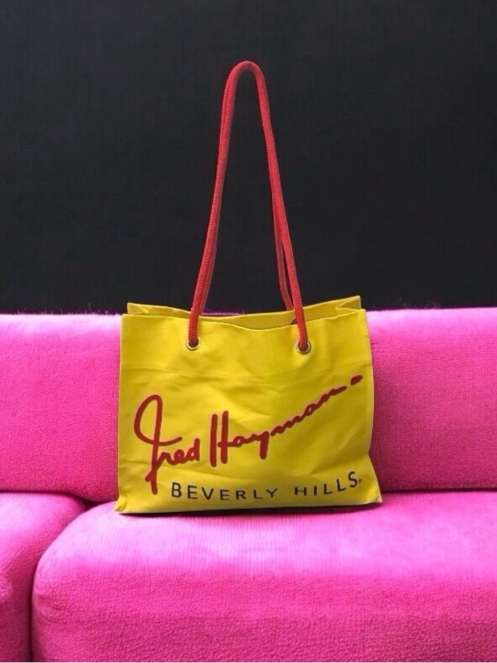Vintage Fred Hayman Beverly Hills Yellow Canvas Shopper Tote Bag Rope Handles